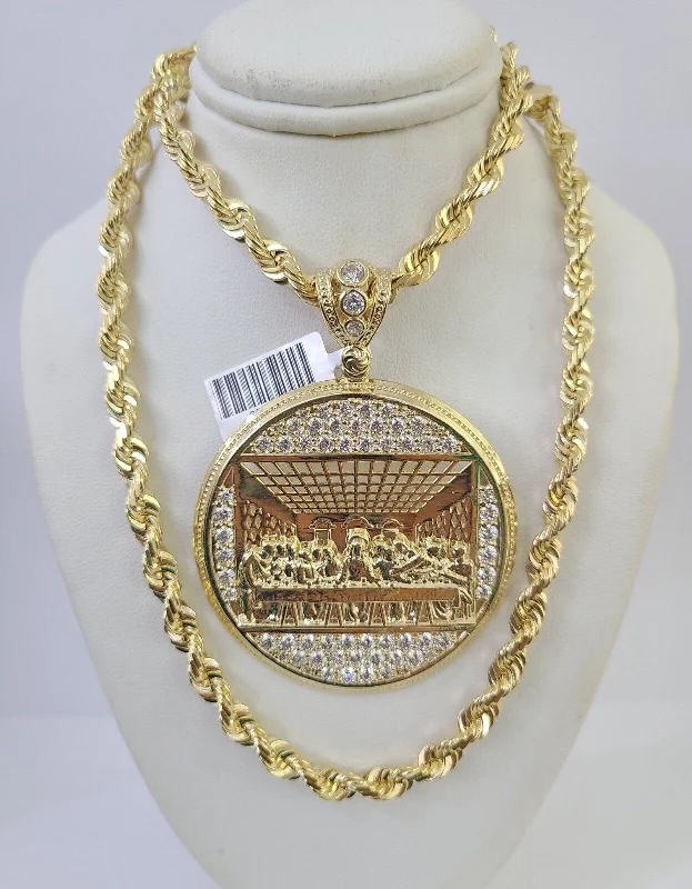 Trendy necklaces and pendants with statement pieces for a bold fashion statement-Colorful gemstone necklaces for casual style -Real 10k Solid Rope Chain Last Supper Charm Set 6mm 20"-30" Inch Necklace Gold