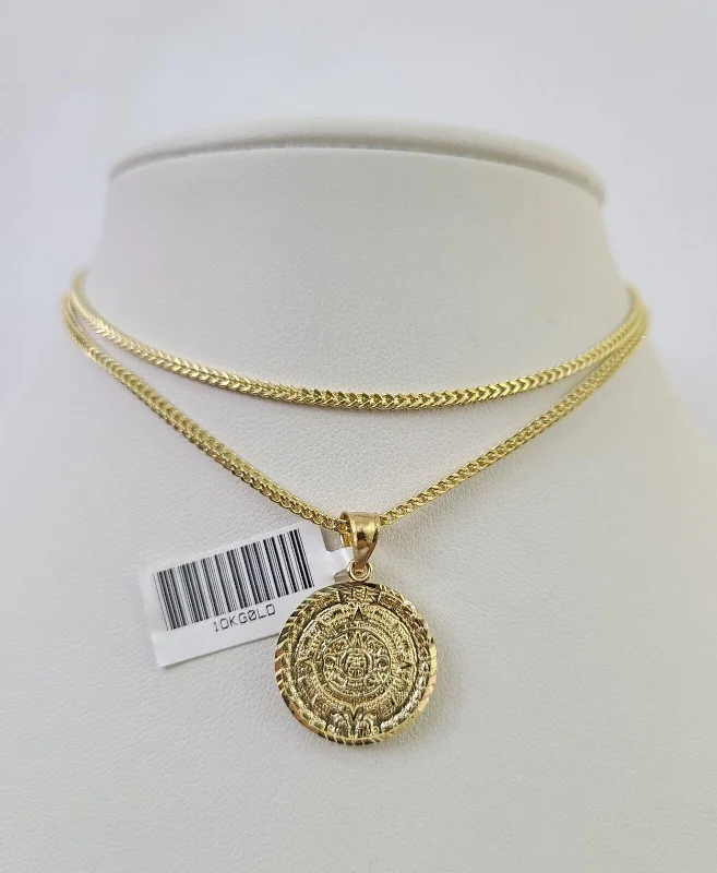 Personalized necklaces and pendants with coordinates for a meaningful location-based gift-Trendy collar necklaces for fashion-forward looks -10K Franco Chain Mayan Calendar Pendant Charm Necklace 16"-24" 2mm Gold SET