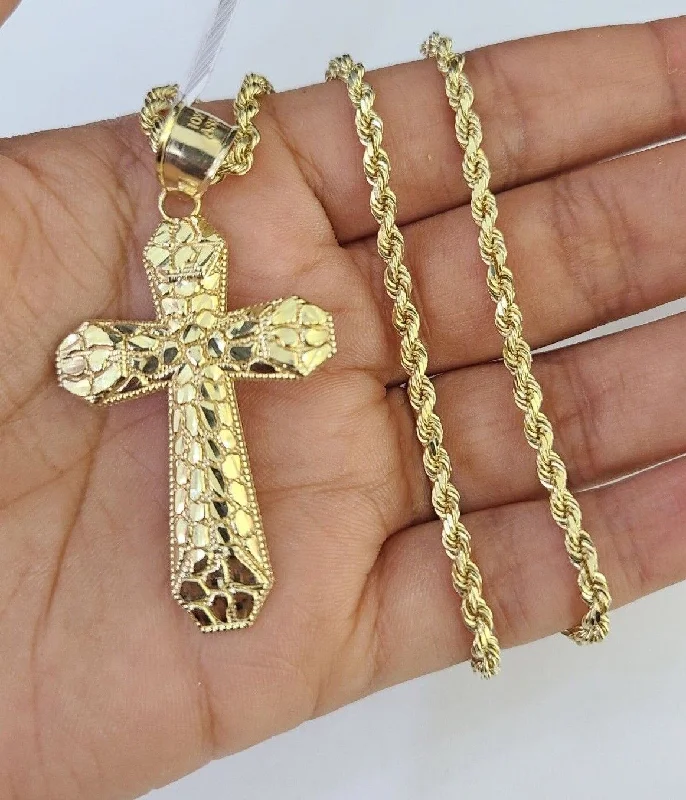 Best necklaces and pendants with intricate filigree for vintage-inspired elegance-Religious necklaces for spiritual gifts -Real 10k Gold Rope Chain Jesus Cross Charm Pendant SET Necklace 3mm 20"-30" Inch