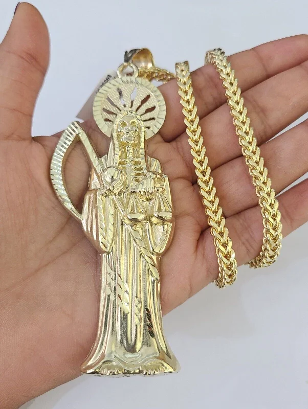 Unique necklaces and pendants with custom birthstone arrangements for personalization-Necklaces for bridesmaid gifts -10K Franco Chain Saint Reaper Pendant Charm Necklace 20"-26" 5mm Gold SET Yellow