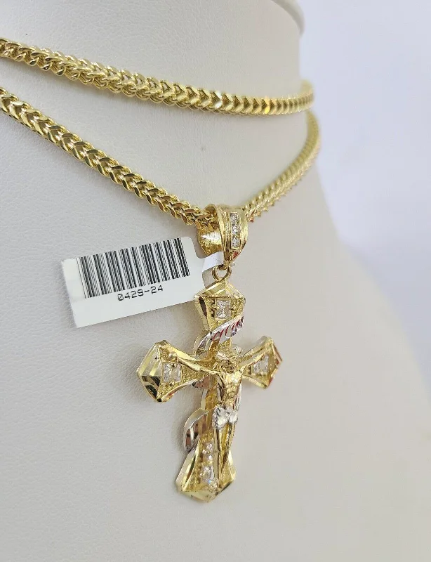 Necklaces and pendants with leaf-shaped designs for an earthy, organic feel-Crystal pendant necklaces for spiritual healing -10K Franco Chain Jesus Cross Pendant Charm Necklace 20"-26" 3mm Gold Yellow SET