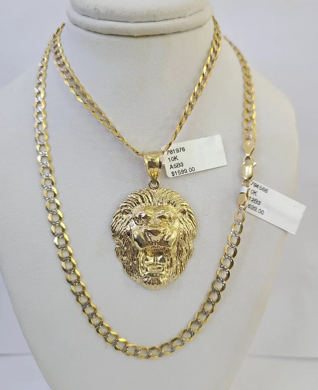 Beautiful necklaces and pendants with tree branch motifs for a nature-inspired design-Long chain necklaces for layering styles -10k Gold Chain Roaring Lion Charm Solid Cuban Curb 5mm 18"-28" Inch SET Necklace