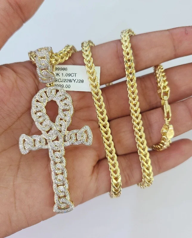 Necklaces and pendants with sun and moon motifs for a celestial-inspired design-Unique vintage necklaces for collectors -10K Franco Chain Diamond Jesus Cross Pendant Charm Necklace 20"-28" 4mm Gold SET