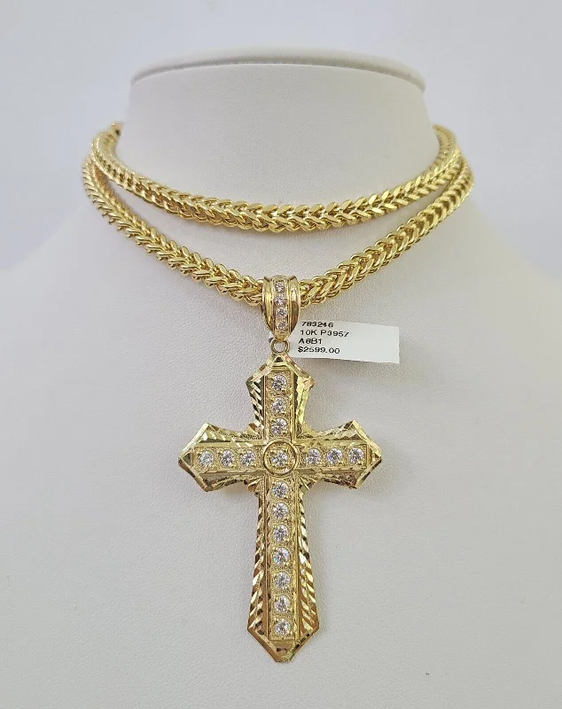 Stunning necklaces and pendants with ruby gemstones for a luxurious red hue-Chunky statement necklaces for bold fashion -10K Franco Chain Jesus Cross Pendant Charm Necklace 20"-26" 5mm Gold SET Yellow