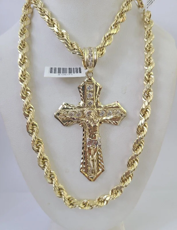 Best necklaces and pendants with crystal accents for a sparkling and elegant style-Boho style necklaces for summer -Real 10k Rope Chain Jesus Cross Charm Set 7mm 20"-28" Inch Necklace Yellow Gold