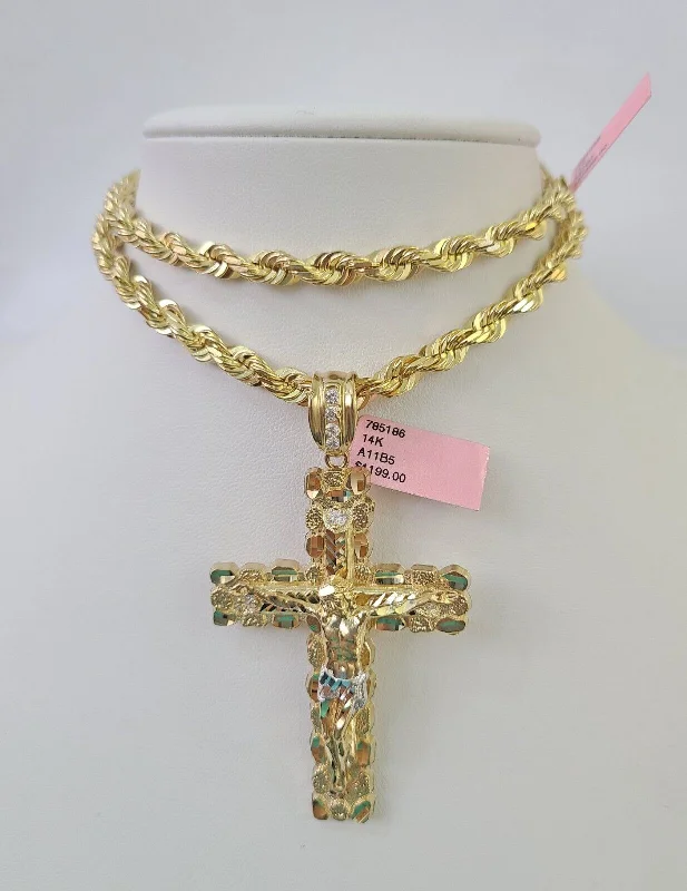 Necklaces and pendants with geometric pendants for a clean, contemporary design-Handmade gemstone necklaces for unique style -Real 14k Solid Rope Chain Jesus Cross Charm Set 6mm 18"-30" Necklace Gold