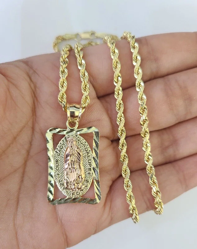 Best necklaces and pendants with crystal accents for a sparkling and elegant style-Boho style necklaces for summer -10k 3mm Rope Chain Virgin Mary Pendant 18"-30" Yellow Gold Set Charm Necklace