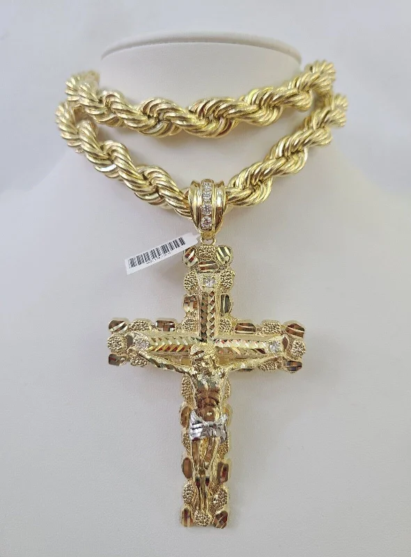 Beautiful necklaces and pendants with geometric shapes for a modern, artistic design-Necklaces for men with dog tags -Real 10k Rope Chain Jesus Cross Charm Set 12mm 20"-30" Inch Necklace Yellow Gold