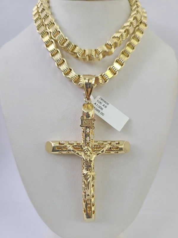 Best necklaces and pendants with intricate beadwork for a bohemian-inspired look-Necklaces with engraved coordinates for travel lovers -10k Gold Byzantine Necklace Jesus Cross Charm 20-30 inches 6mm SET Chain Pendant