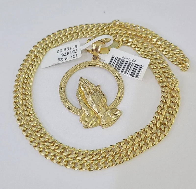 Necklaces and pendants with diamond pendants for a luxurious sparkling effect-Beaded necklaces for summer outfits -Real 10k Miami Cuban Chain Praying Hands Charm Set 4mm Yellow Gold Necklace