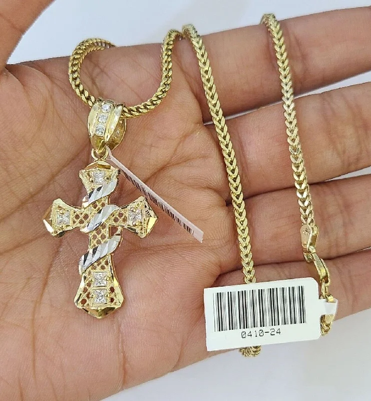 Trendy necklaces and pendants with statement pieces for a bold fashion statement-Colorful gemstone necklaces for casual style -10K Gold Franco Chain Cross Charm Length 18-26 inches 2mm REAL Yellow