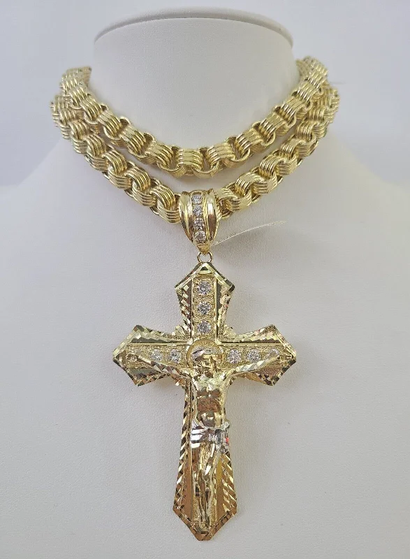 Unique necklaces and pendants with custom birthstone arrangements for personalization-Necklaces for bridesmaid gifts -10k Gold Byzantine Necklace Jesus Cross Charm 20-30 inches 9mm REAL SET Chain