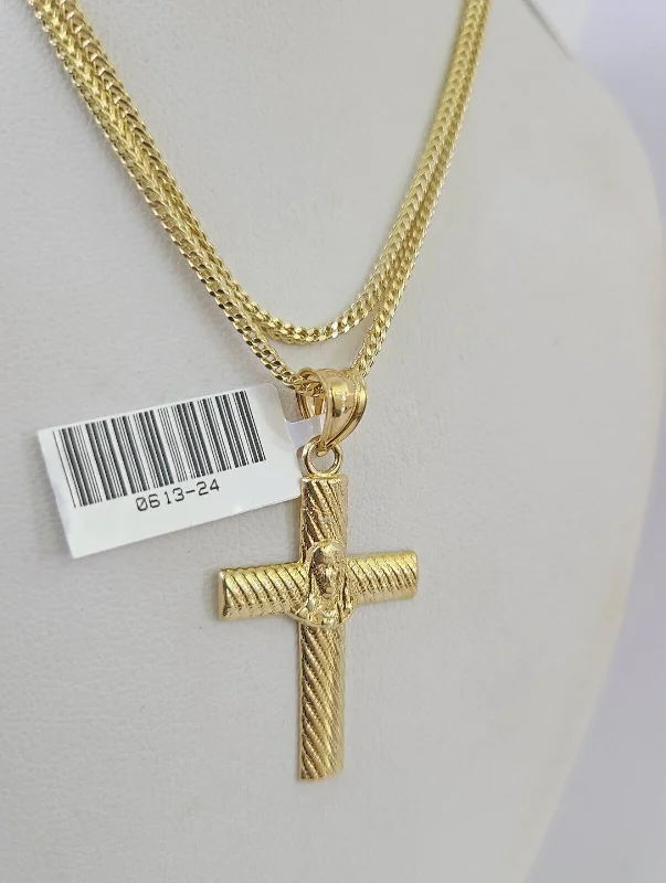 Unique necklaces and pendants with tree of life motifs for nature-inspired elegance-Unique statement necklaces for bold looks -10K Franco Chain Jesus Cross Pendant Charm Necklace 16"-24" 2mm Gold SET Yellow