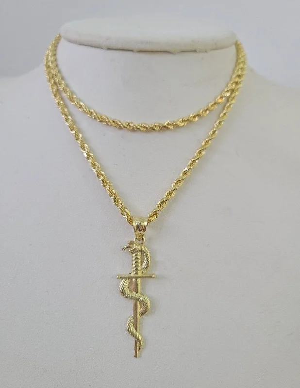 Personalized necklaces and pendants with name engravings for a custom touch-Diamond necklaces for brides -10k 3mm Rope Chain Snake Sword Pendant 18"-30" Yellow Gold Set Charm Necklace