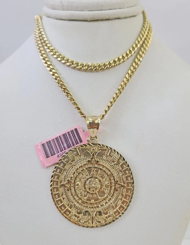 Best necklaces and pendants with personalized coordinates for a special keepsake-Designer gold necklaces for luxury gifts -Real 14k Chain Mayan Calendar Charm Set Miami Cuban Link 4mm Necklace Pendant