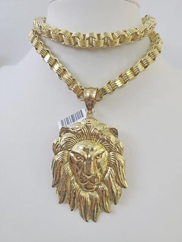 Unique necklaces and pendants with artistic shapes for a creative, one-of-a-kind design-Birth month flower necklaces for women -10k Gold Byzantine Necklace Lion Charm 20-30 inches 9mm REAL Yellow SET Chain