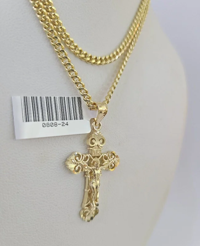 Best necklaces and pendants for weddings with matching designs for bride and groom-Statement necklaces for special occasions -10K Gold Miami Cuban Chain INRI Jesus Cross 18"-28" 3mm Pendant Necklace SET