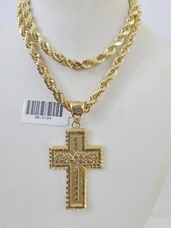 Necklaces and pendants with engraved messages for a deeply personal, sentimental gift-Trendy geometric pendant necklaces for modern fashion -Real 10k Rope Chain Jesus Cross Charm Necklace Pendant Set 5mm 20"-30" Inch Gold