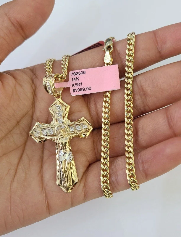 Necklaces and pendants with ocean-inspired designs for a refreshing, beachy feel-Adjustable pendant necklaces for women -Real 14k Chain Cross Charm Set Miami Cuban Link 4mm Necklace Pendant Yellow Gold