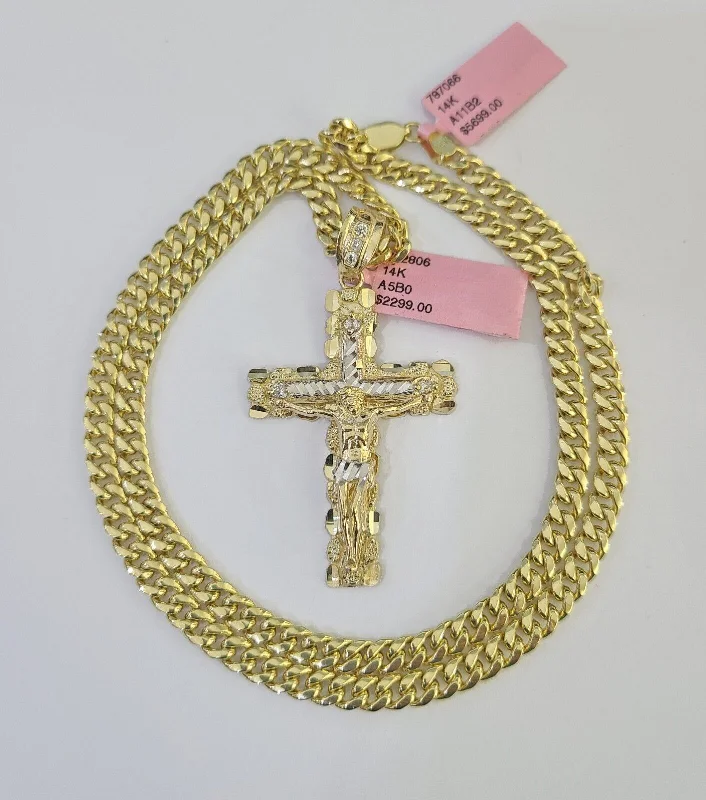 Beautiful necklaces and pendants with diamond-encrusted designs for maximum sparkle-Vintage cameo necklaces for a classic touch -Real 14k Chain Cross Charm Set Miami Cuban Link 5mm 18"-30" Necklace Pendant