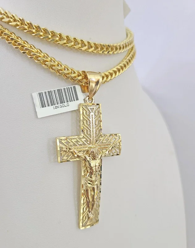 Necklaces and pendants with crescent moon designs for a celestial and mystical feel-Elegant black onyx necklaces for formal events -10K Franco Chain Jesus Cross Pendant Charm Necklace 20"-26" 5mm Gold SET Yellow