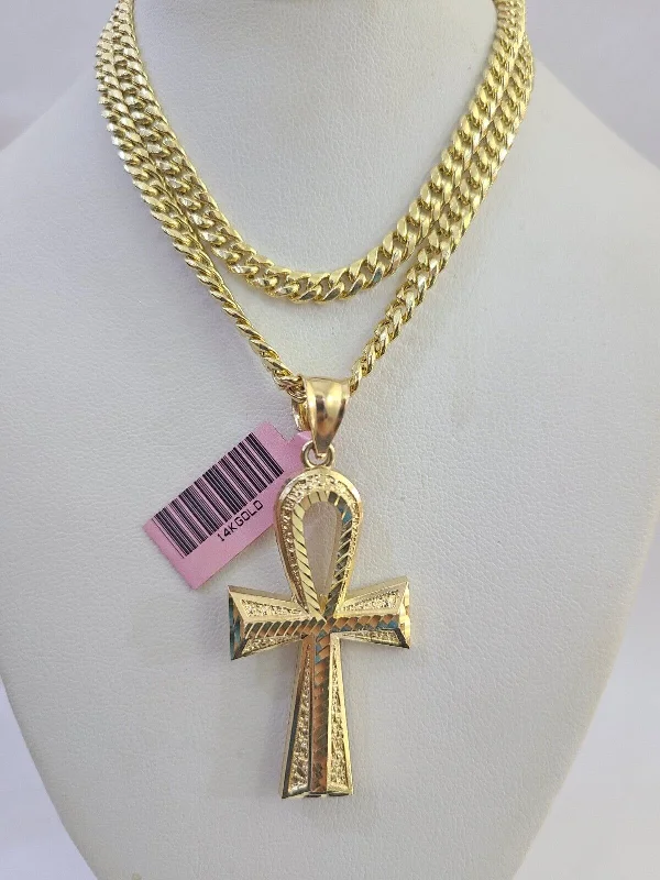 Stunning necklaces and pendants with ruby and diamond combinations for a luxurious effect-Artistic necklaces for fashion-forward outfits -Real 14k Chain Cross Charm Set Miami Cuban Link 5mm 18"-30" Necklace Pendant