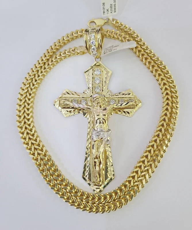 Stunning necklaces and pendants with ruby and diamond combinations for a luxurious effect-Artistic necklaces for fashion-forward outfits -10K Franco Chain Jesus Cross Pendant Charm Necklace 20"-26" 5mm Gold Yellow SET