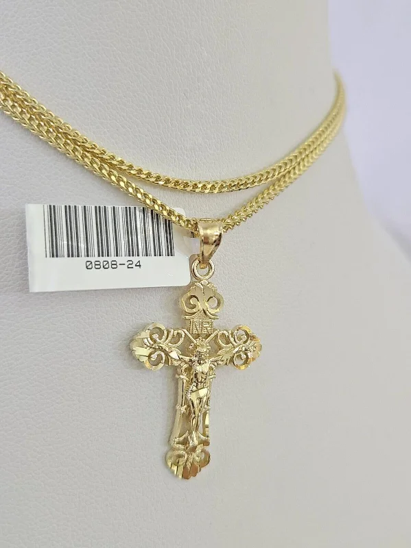 Best necklaces and pendants with intricate filigree for vintage-inspired elegance-Religious necklaces for spiritual gifts -10K Franco Chain Jesus Cross Pendant Charm Necklace 16"-24" 2mm Gold SET Yellow