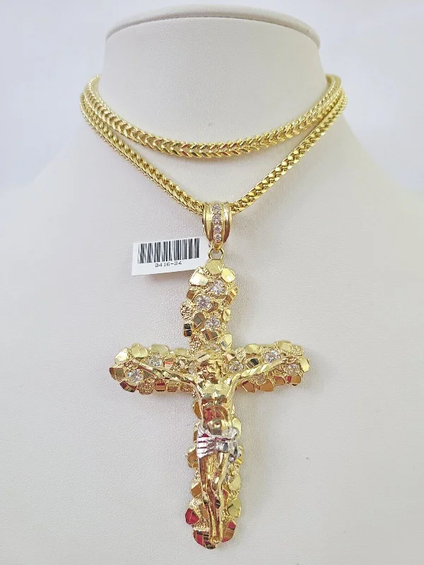 Elegant necklaces and pendants with gold chains for a chic, timeless appearance-Dainty necklaces for layering -10K Franco Chain Jesus Crucifix Cross Pendant Charm Necklace 20"-28" 4mm Gold