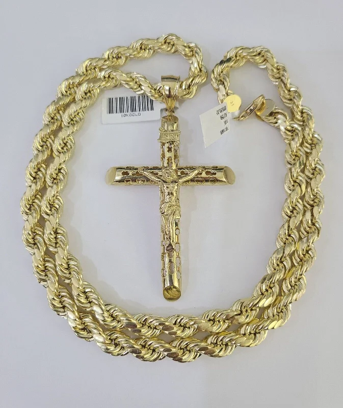 Best necklaces and pendants with matching earrings for a coordinated, elegant look-Multi-strand necklaces for dramatic flair -Real 10k Rope Chain Jesus Cross Charm Set 8mm 20"-30" Inch Necklace Yellow Gold