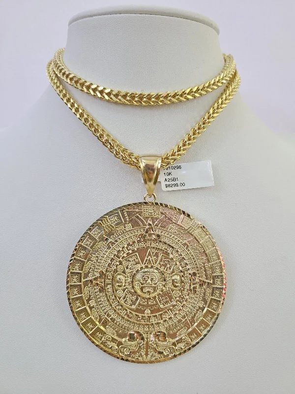 Necklaces and pendants with matching rings for a coordinated set of jewelry-Matching couple necklaces for love -10K Franco Chain Mayan Calendar Pendant Charm Necklace 20"-26" 5mm Gold SET