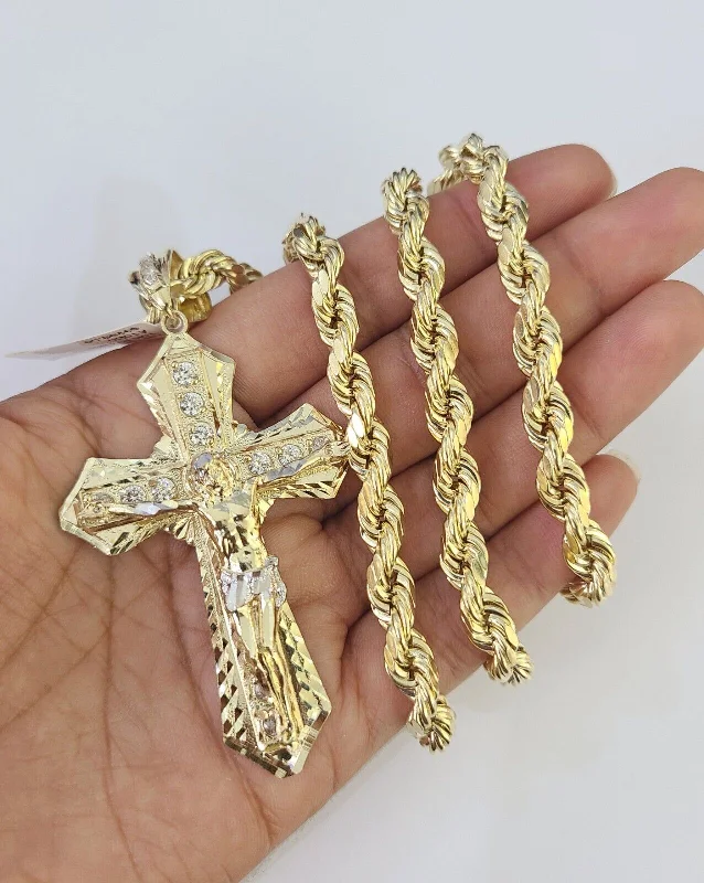 Simple necklaces and pendants with tiny charms for a delicate and casual vibe-Gold-plated necklaces for daily use -Real 10k Rope Chain Jesus Cross Charm Set 7mm 20"-28" Inch Necklace Yellow Gold