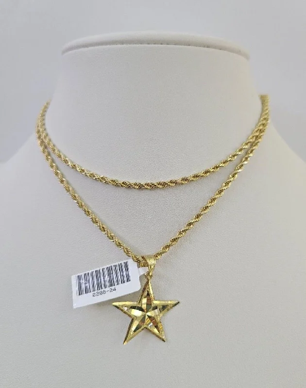 Unique necklaces and pendants with vintage-inspired designs for timeless appeal-Vintage-inspired necklaces for women -10k 2.5mm Rope Chain Star Pendant 18"-30" Yellow Gold Set Charm Necklace