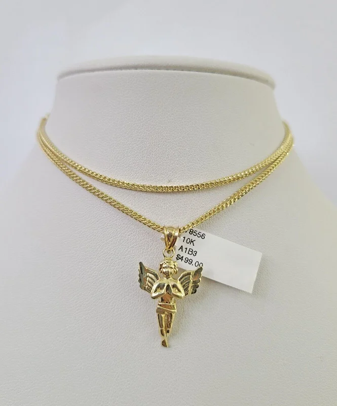 Best necklaces and pendants with zodiac signs for a celestial, astrology-inspired vibe-Fashionable necklaces for office wear -10K Franco Chain Praying Angel Pendant Charm Necklace 16"-24" 2mm Gold SET