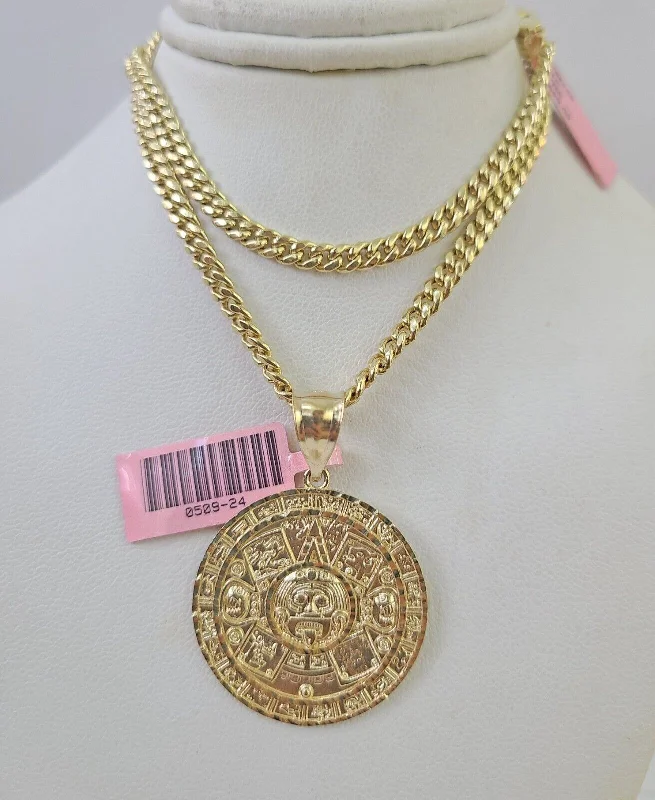 Beautiful necklaces and pendants with diamond-encrusted designs for maximum sparkle-Vintage cameo necklaces for a classic touch -Real 14k Chain Mayan Calendar Charm Set Miami Cuban Link 4mm Necklace Pendant