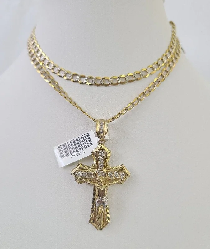 Beautiful necklaces and pendants with diamond-encrusted designs for maximum sparkle-Vintage cameo necklaces for a classic touch -10k Gold Chain Cross Charm Solid Cuban Curb Link 5mm 18"-28" Inch DiamondCut SET