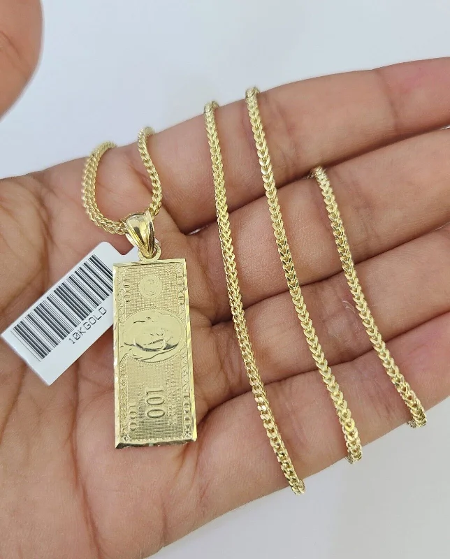 Stunning necklaces and pendants with aquamarine stones for a serene effect-Geometric necklaces for modern style -10K Franco Chain 100 Money Dollar Pendant Charm Necklace 16"-24" 2mm Gold SET