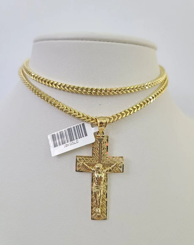 Stunning necklaces and pendants with turquoise and gold for a vibrant, earthy look-Necklaces with religious symbols for spiritual gifts -10K Franco Chain Jesus Cross Pendant Charm Necklace 20"-26" 3mm Gold Yellow SET