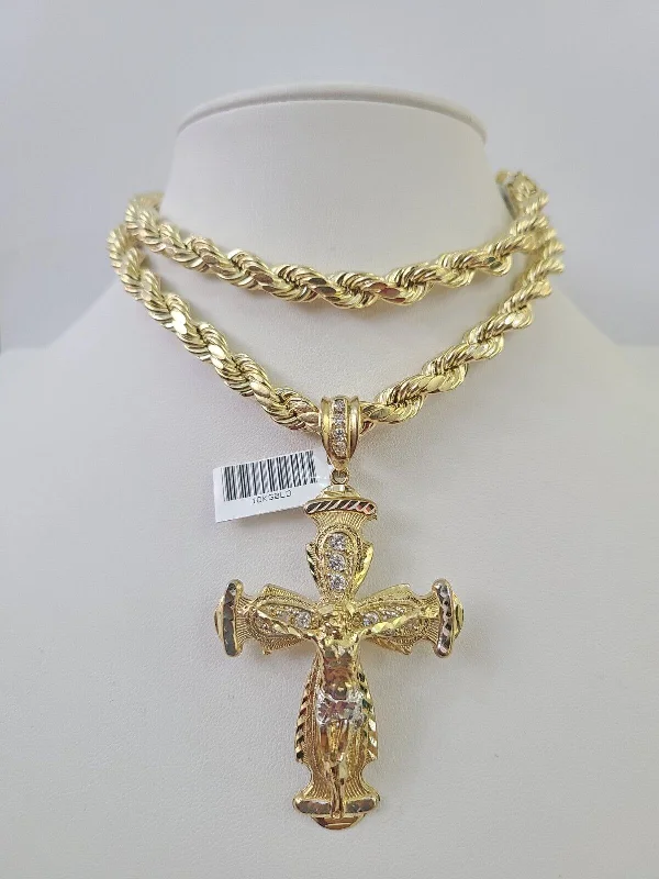 Necklaces and pendants with angel wing motifs for a spiritual, meaningful design-Floral design necklaces for spring -Real 10k Rope Chain Jesus Cross Charm Set 8mm 20"-30" Inch Necklace Yellow Gold