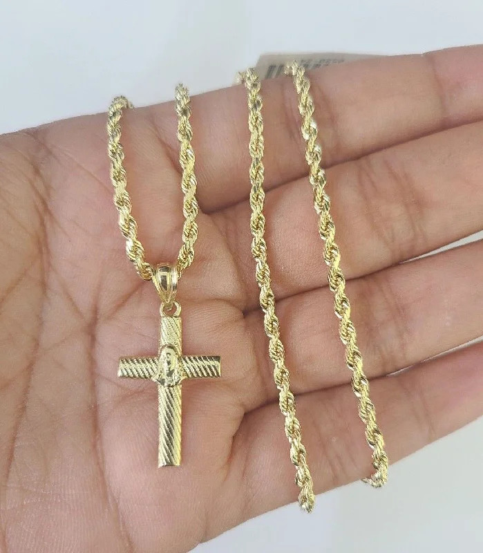 Necklaces and pendants with engraved messages for a deeply personal, sentimental gift-Trendy geometric pendant necklaces for modern fashion -10k Rope Chain Jesus Cross Pendant 18"-26" Set Charm Necklace Yellow Gold