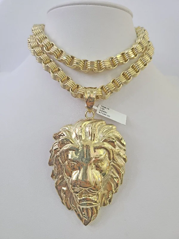 Best necklaces and pendants with adjustable chains for a customizable fit-Cute animal charm necklaces for kids -10k Gold Byzantine Necklace Lion Charm 20-30 inches 9mm REAL Yellow SET Chain