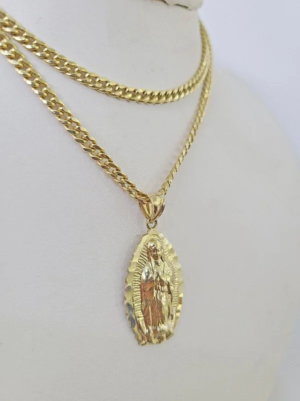 Beautiful necklaces and pendants with diamond halo settings for extra brilliance-Bar necklaces for personalized engravings -10k Miami Cuban Chain Virgin Mary Charm Set 4mm 18"-28" Necklace Yellow Gold