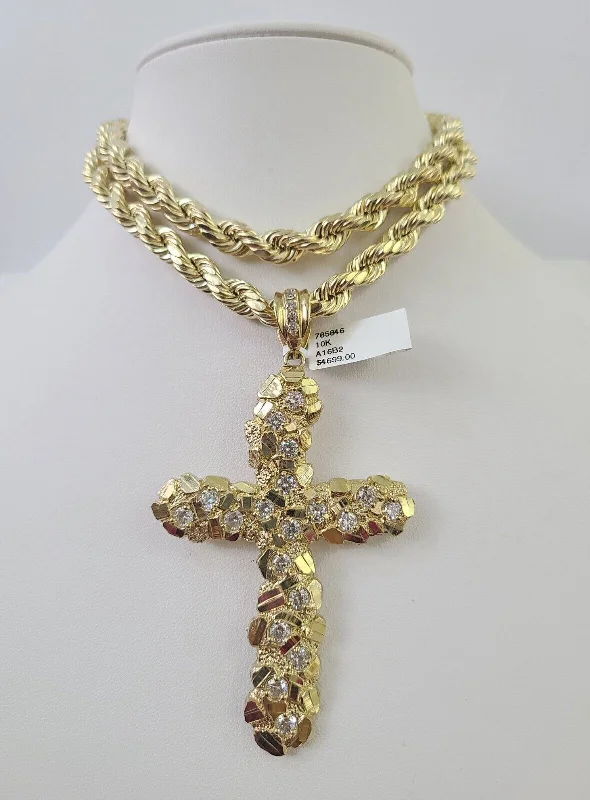 Beautiful necklaces and pendants with layered chains for a fashionable, chic look-Nature-inspired necklaces for outdoor lovers -Real 10k Rope Chain Jesus Cross Charm Set 8mm 20"-30" Inch Necklace Yellow Gold