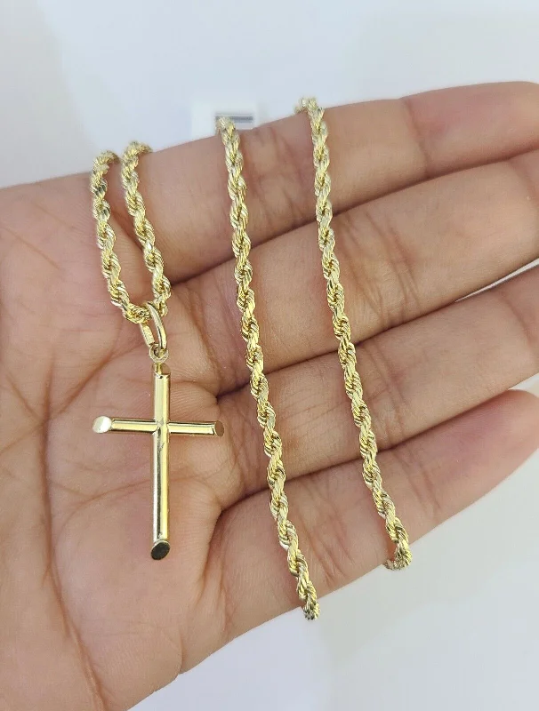 Best necklaces and pendants with intertwined designs for a symbol of unity-Crystal healing necklaces for wellness -10k 3mm Rope Chain Jesus Cross Pendant 18"-30" Yellow Gold Set Charm Necklace