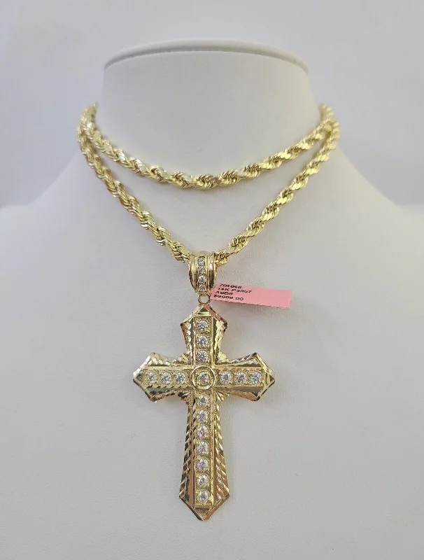 Necklaces and pendants with ocean-inspired designs for a refreshing, beachy feel-Adjustable pendant necklaces for women -Real 14k Rope Chain Jesus Cross Charm Yellow Gold Set 5mm 20"-30" Necklace