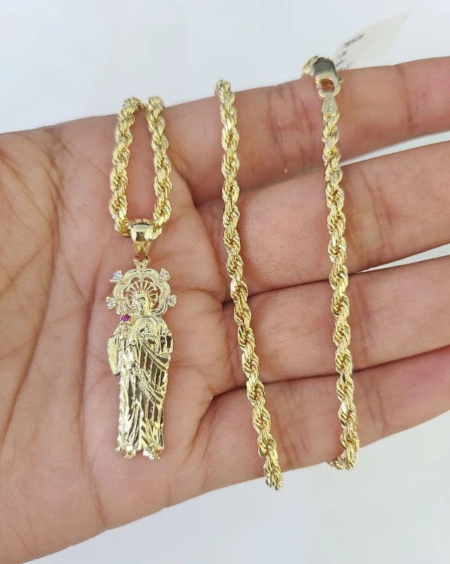 Best necklaces and pendants with sterling silver for an affordable yet stylish choice-Custom engraved necklaces for men -10k 3mm Rope Chain Saint Jude Pendant 18"-30" Yellow Gold Set Charm Necklace