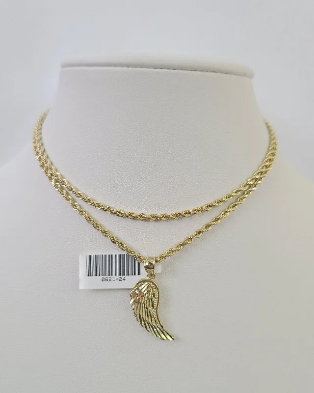 Best necklaces and pendants with zodiac signs for a celestial, astrology-inspired vibe-Fashionable necklaces for office wear -10k 2.5mm Rope Chain Angel Wings Pendant 18"-30" Yellow Gold Set Charm Necklace