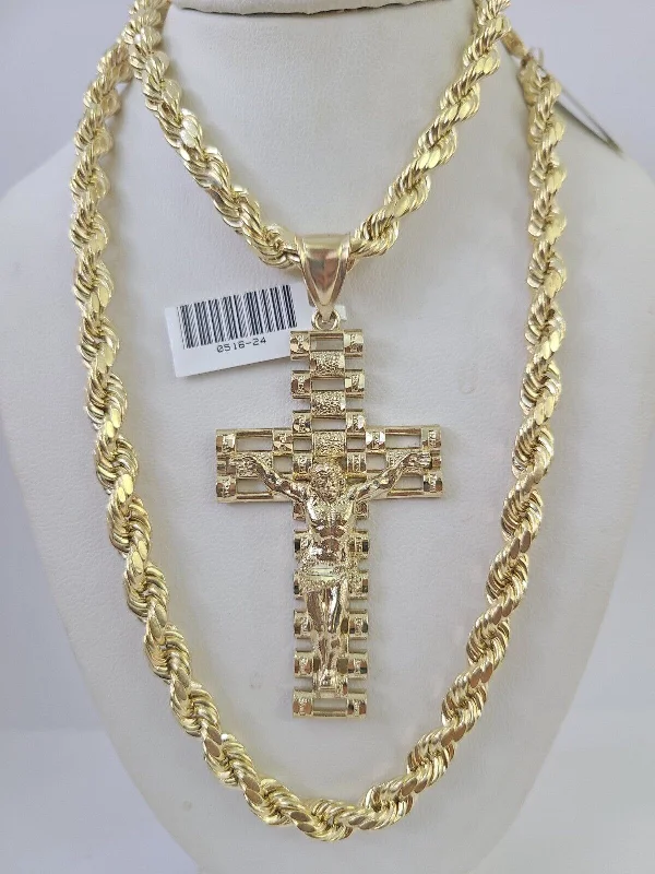 Trendy necklaces and pendants with geometric shapes for a modern aesthetic-Trendy choker necklaces for fashionistas -Real 10k Rope Chain Jesus Cross Charm Set 7mm 20"-28" Inch Necklace Yellow Gold