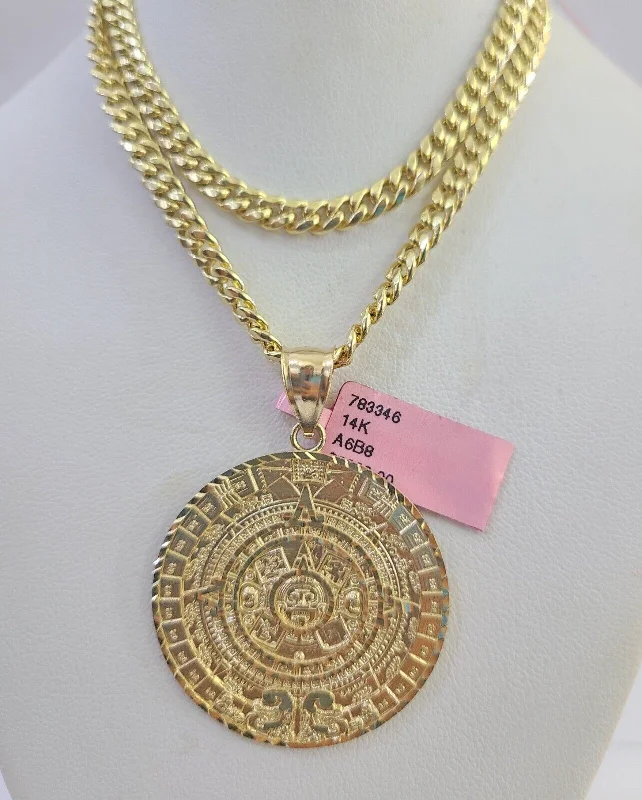 Necklaces and pendants with sun and moon motifs for a celestial-inspired design-Unique vintage necklaces for collectors -14k Chain Mayan Calendar Charm Set Miami Cuban Link 5mm 18"-30" Necklace Pendant