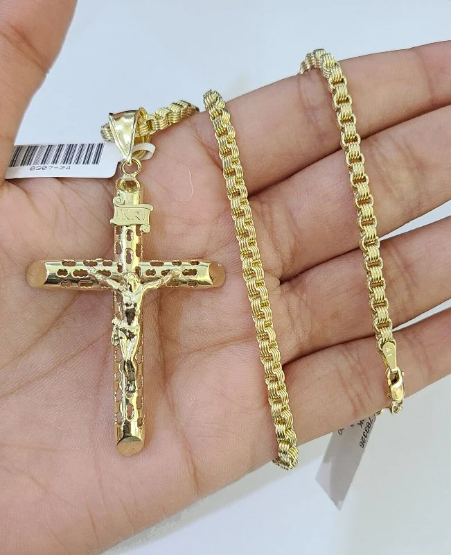 Best necklaces and pendants with cubic zirconia for a budget-friendly dazzling effect-Adjustable necklaces for comfort -10k Gold Byzantine Necklace INRI Jesus Cross Charm 18-26 inches 3mm SET Chain